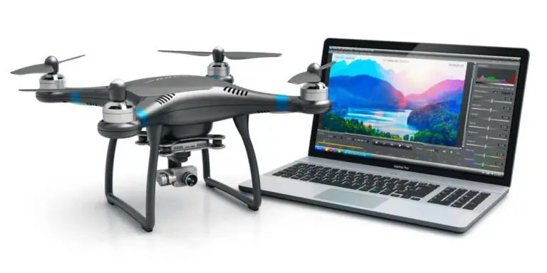Drone Apps and Software image showing a small black drone and laptop